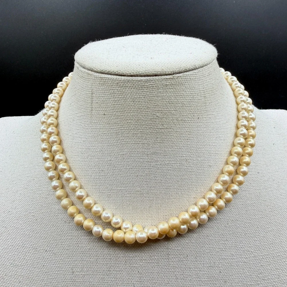 Double Strand Faux Pearl Necklace Cream Gold Tone Hook Clasp Romantic Elegant